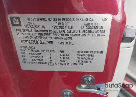 2007 Buick Rendezvous Cxl z USA, uszkodzony, nr VIN 3G5DA03L87S580290